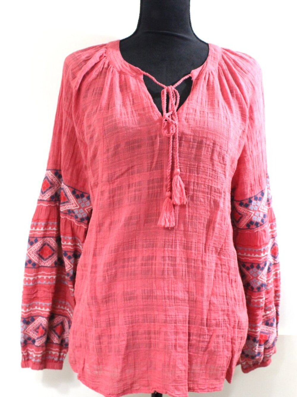 Dylan, Reddish Pink Gauze Boheiman Tunic Stitching on Sleeve, Size Medium